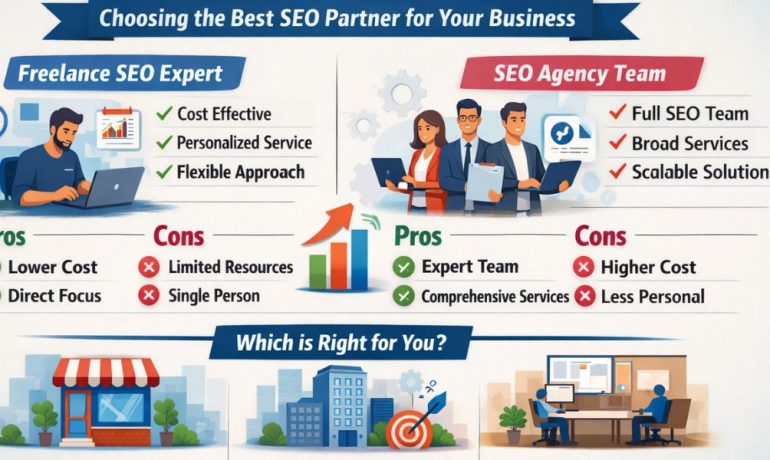 Comparison of SEO expert vs SEO agency showing differences in cost, scalability, services, and suitability for small businesses, startups, and large companies