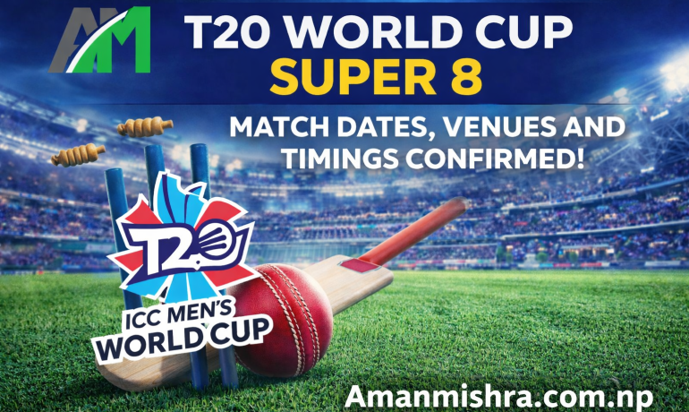 T20 World Cup Super 8 match dates, venues and timings confirmed graphic with cricket bat, ball, stadium background and Aman Mishra logo branding.
