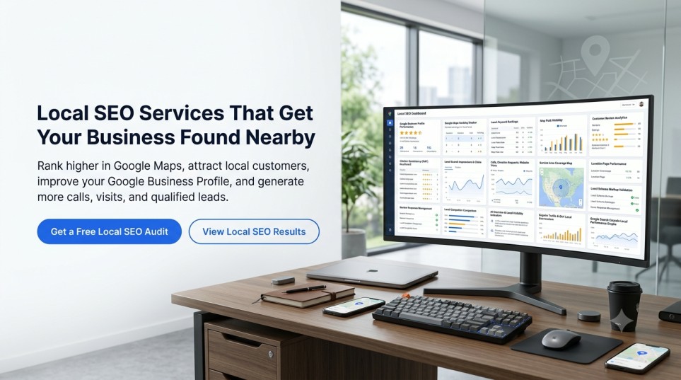 Modern Local SEO dashboard with Google Maps rankings, Google Business Profile analytics, local keywords, reviews, and GA4 metrics.