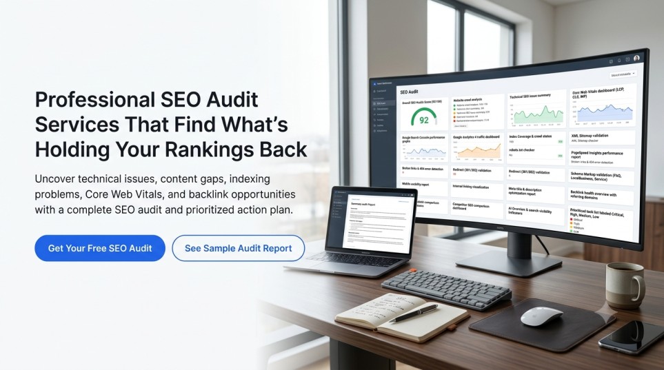 Professional SEO audit dashboard showing technical analysis, Core Web Vitals, crawl reports, backlink health, and website performance metrics.