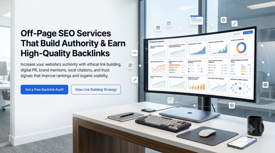 Modern Off-Page SEO dashboard showing backlink analysis, domain authority growth, digital PR, brand mentions, and SEO analytics.